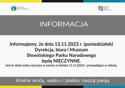 Plakat z logo Parku i Związku Pracodawców Polskich Parków Narodowych, z tekstem "Informujemy, że dnia 13.11.2023 r. (poniedziałek) 